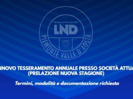 RINNOVO TESSERAMENTO ANNUALE PRESSO SOCIETÀ ATTUALE (PRELAZIONE NUOVA STAGIONE) – Termini, modalità e documentazione richiesta